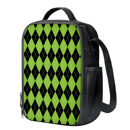 Black And Green Argyle Pattern Print Crossbody Lunch Bag