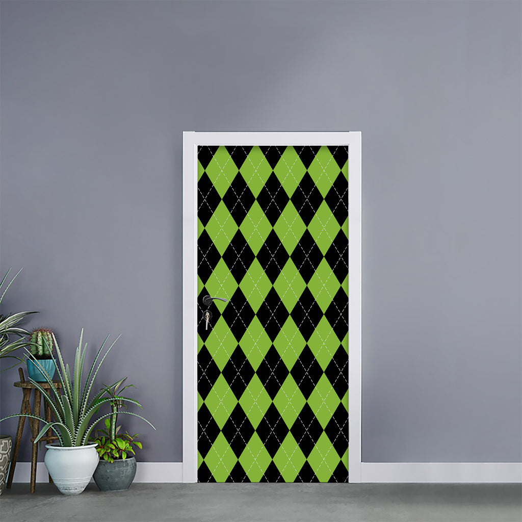 Black And Green Argyle Pattern Print Door Sticker