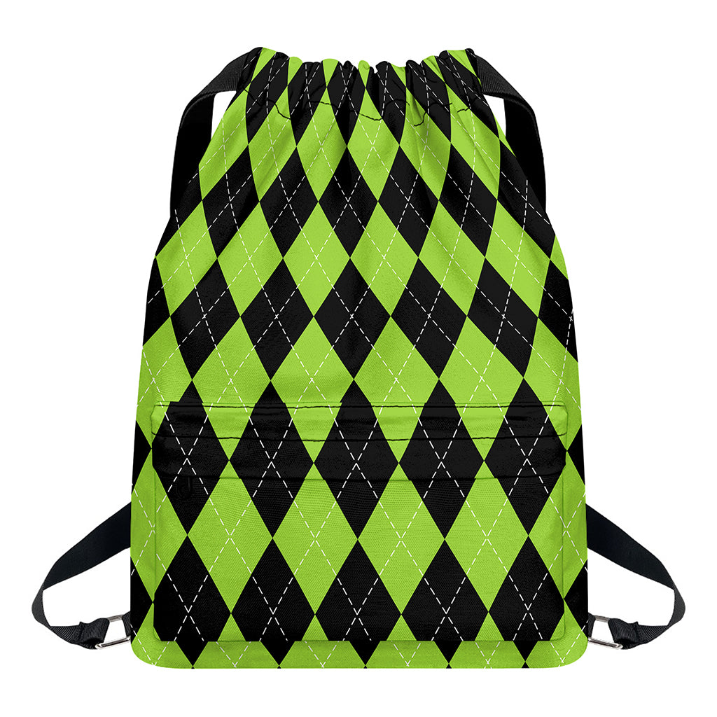 Black And Green Argyle Pattern Print Drawstring Backpack