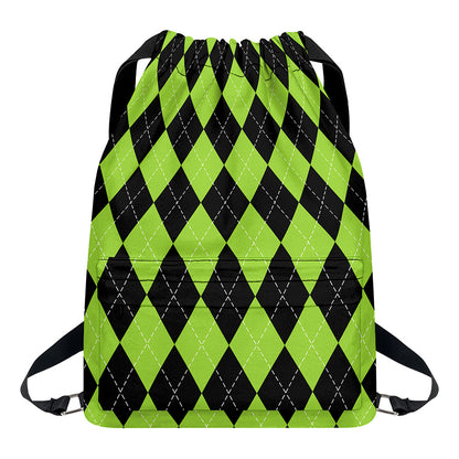 Black And Green Argyle Pattern Print Drawstring Backpack