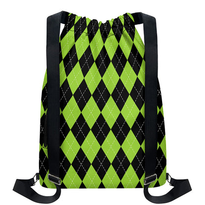 Black And Green Argyle Pattern Print Drawstring Backpack
