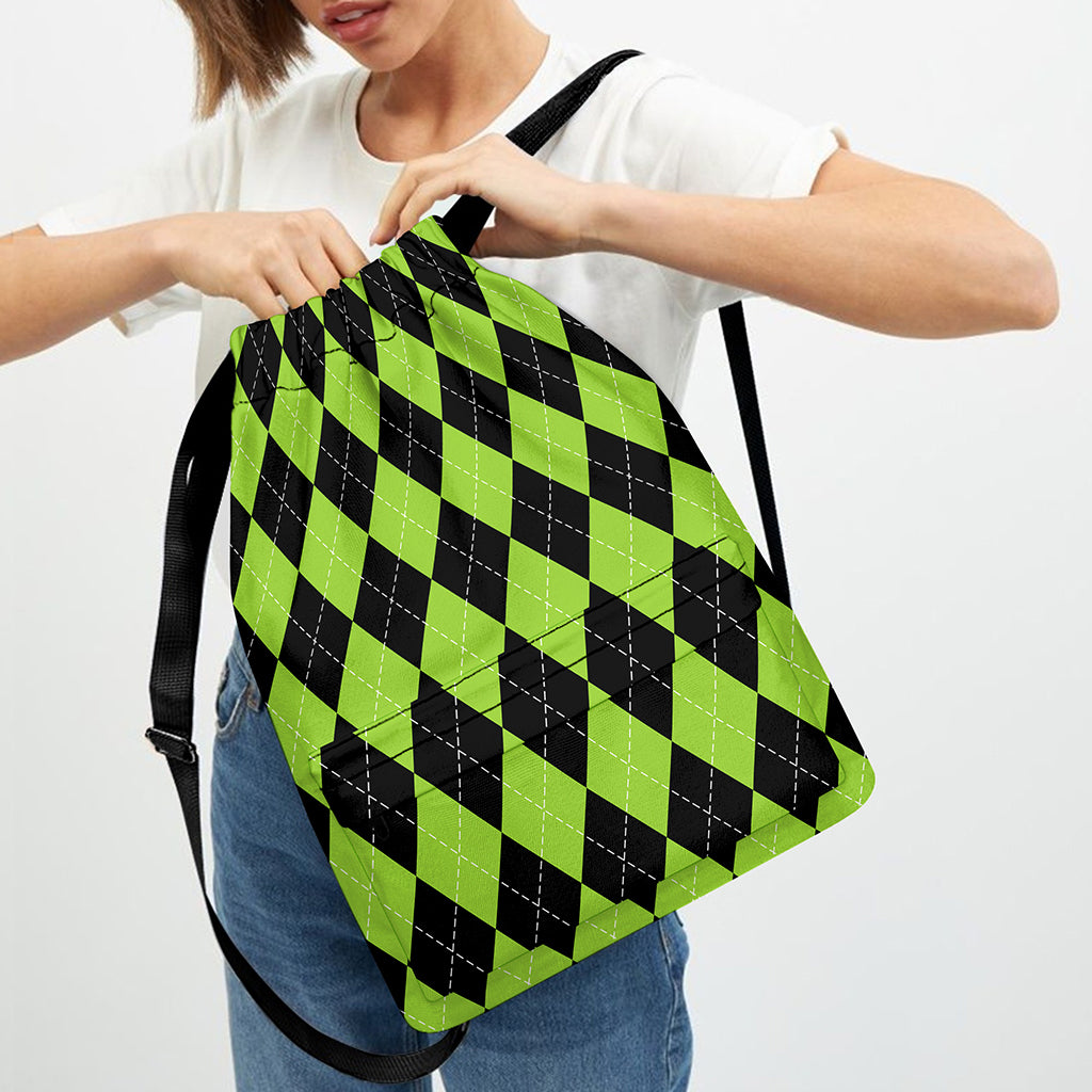Black And Green Argyle Pattern Print Drawstring Backpack
