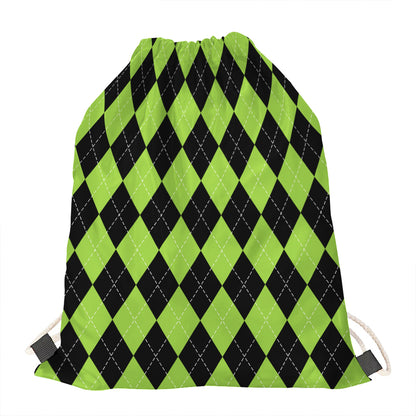Black And Green Argyle Pattern Print Drawstring Bag
