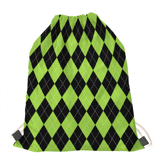 Black And Green Argyle Pattern Print Drawstring Bag
