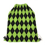 Black And Green Argyle Pattern Print Drawstring Bag