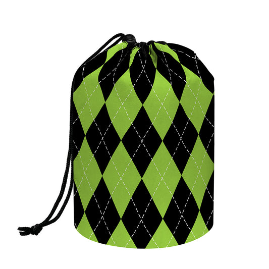 Black And Green Argyle Pattern Print Drawstring Makeup Bag