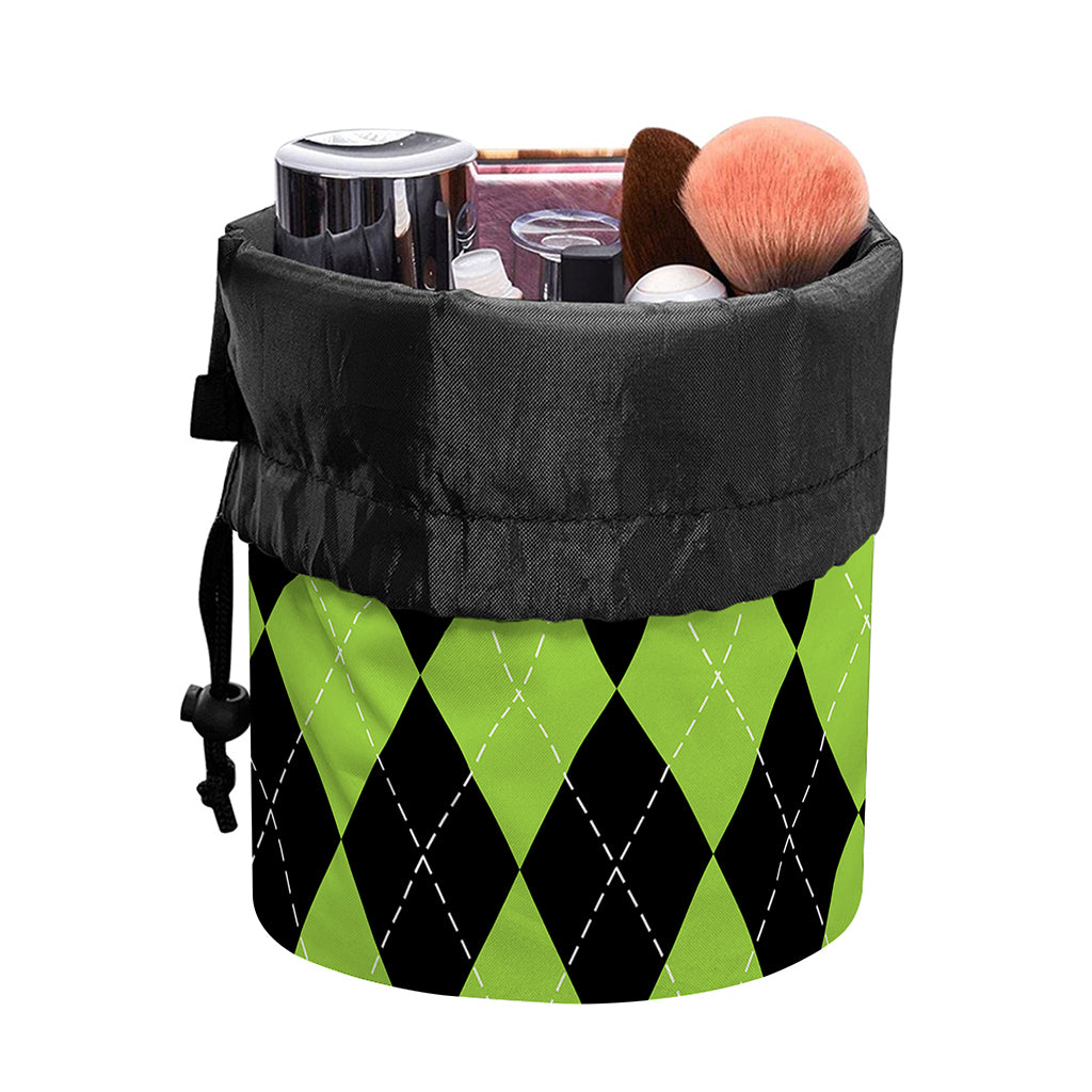 Black And Green Argyle Pattern Print Drawstring Makeup Bag