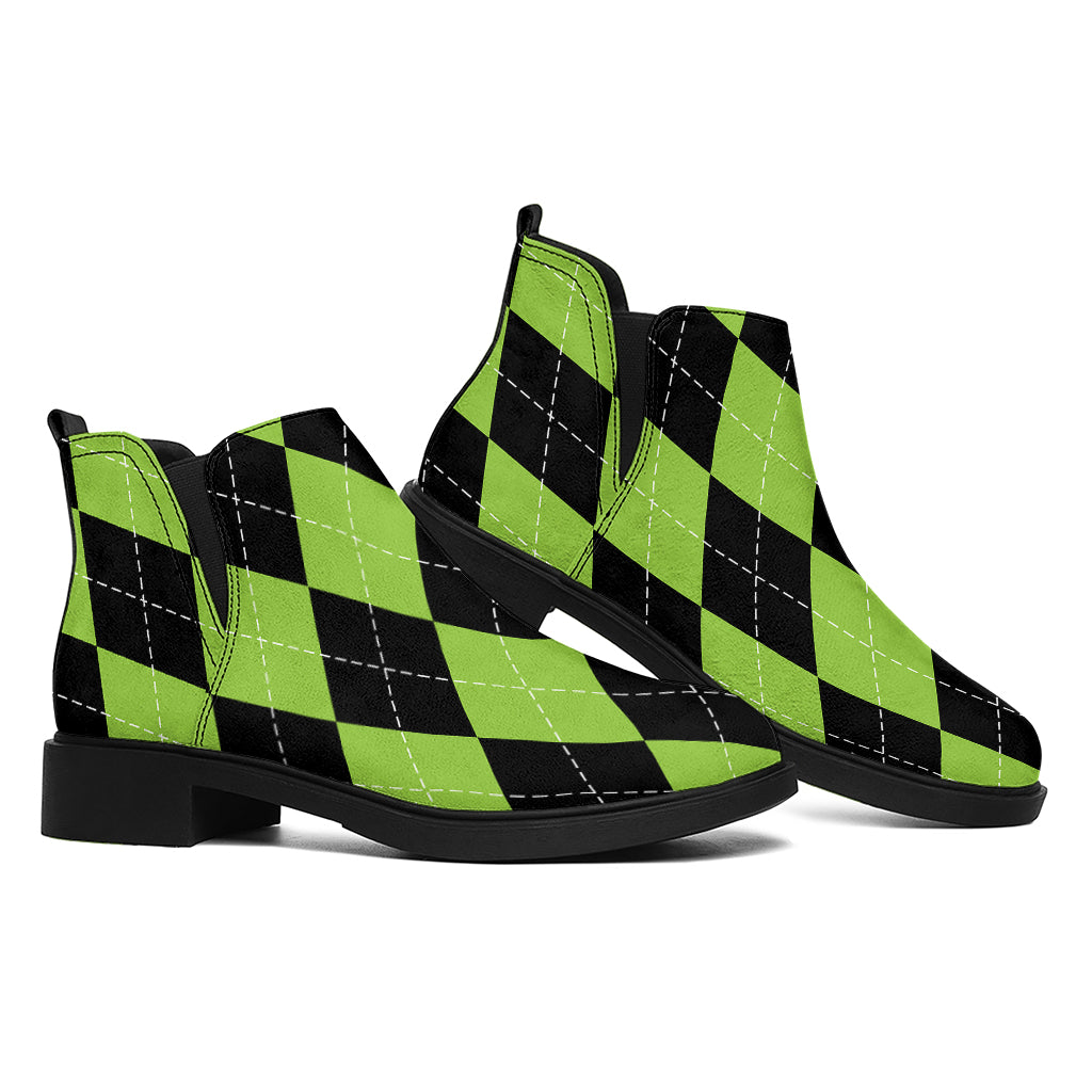 Black And Green Argyle Pattern Print Flat Ankle Boots