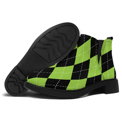Black And Green Argyle Pattern Print Flat Ankle Boots