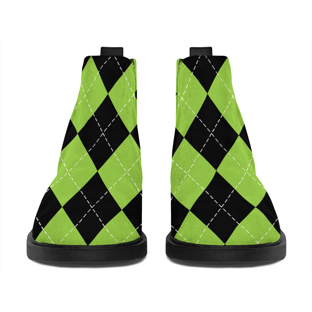 Black And Green Argyle Pattern Print Flat Ankle Boots