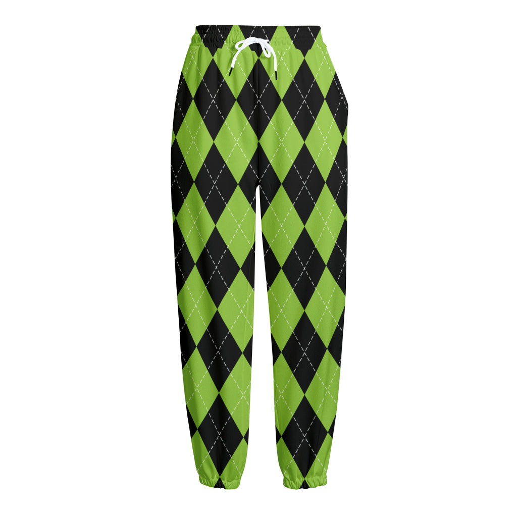Black And Green Argyle Pattern Print Fleece Lined Knit Pants