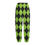 Black And Green Argyle Pattern Print Fleece Lined Knit Pants