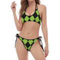 Black And Green Argyle Pattern Print Halter Scoop Tie Side Bikini