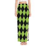 Black And Green Argyle Pattern Print High Slit Maxi Skirt