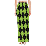 Black And Green Argyle Pattern Print High Slit Maxi Skirt