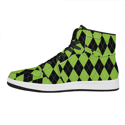 Black And Green Argyle Pattern Print High Top Leather Sneakers