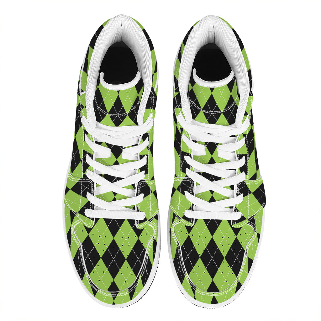 Black And Green Argyle Pattern Print High Top Leather Sneakers