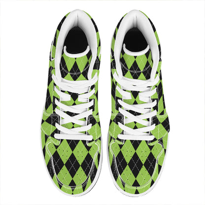 Black And Green Argyle Pattern Print High Top Leather Sneakers