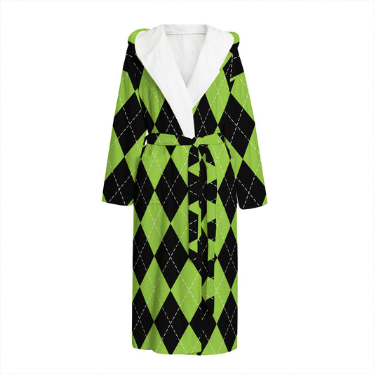 Black And Green Argyle Pattern Print Hooded Bathrobe