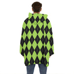 Black And Green Argyle Pattern Print Hoodie Blanket