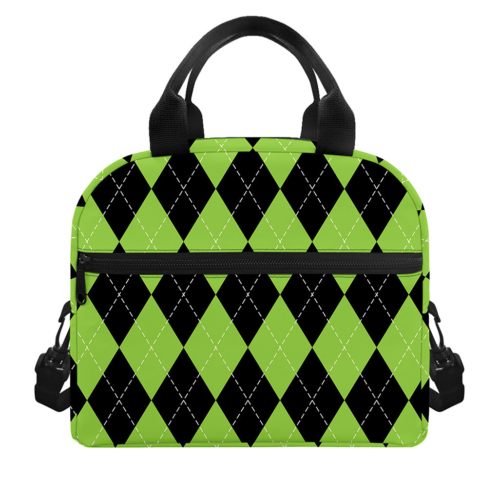 Black And Green Argyle Pattern Print Insulated Lunch Bag