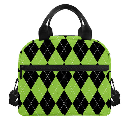 Black And Green Argyle Pattern Print Insulated Lunch Bag
