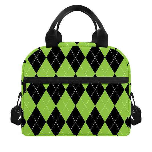 Black And Green Argyle Pattern Print Insulated Lunch Bag