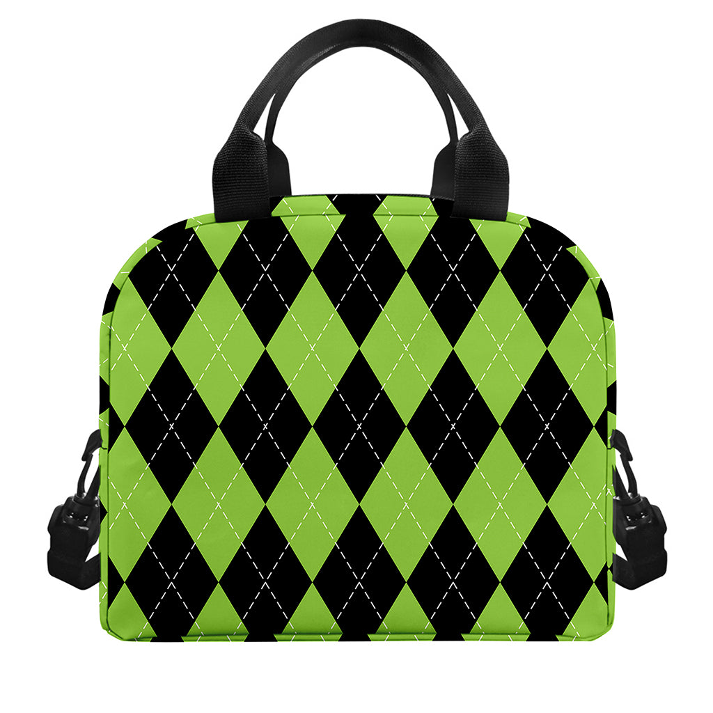 Black And Green Argyle Pattern Print Insulated Lunch Bag
