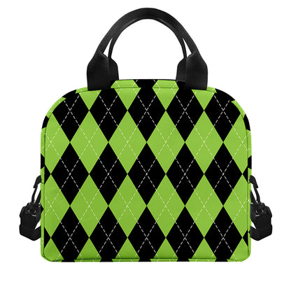 Black And Green Argyle Pattern Print Insulated Lunch Bag