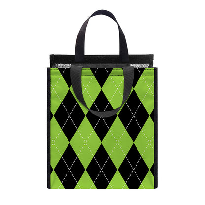 Black And Green Argyle Pattern Print Insulated Lunch Tote