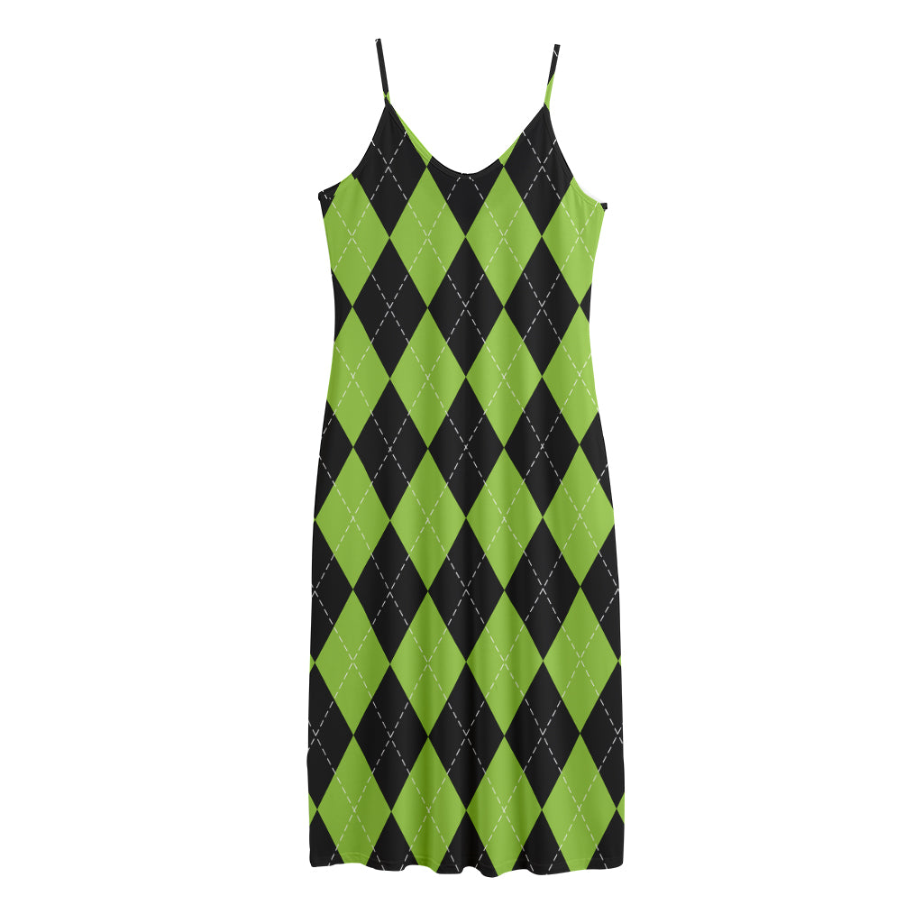 Black And Green Argyle Pattern Print Jersey Midi Cami Dress