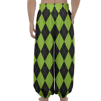 Black And Green Argyle Pattern Print Lantern Pants