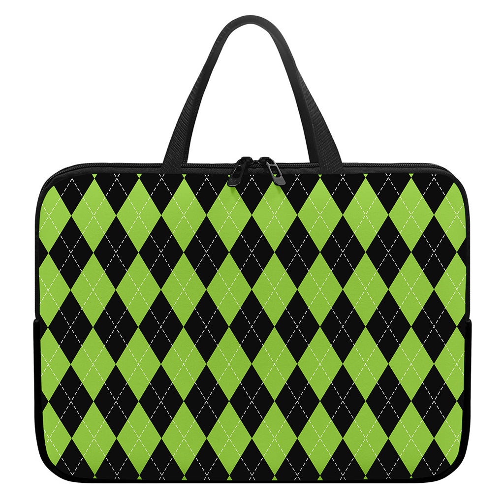 Black And Green Argyle Pattern Print Laptop Sleeve With Handle
