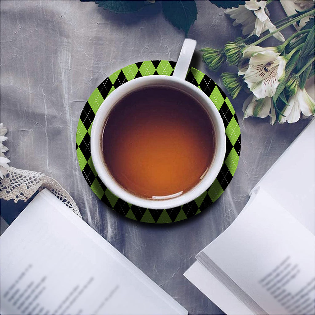 Black And Green Argyle Pattern Print Leather Coaster Set