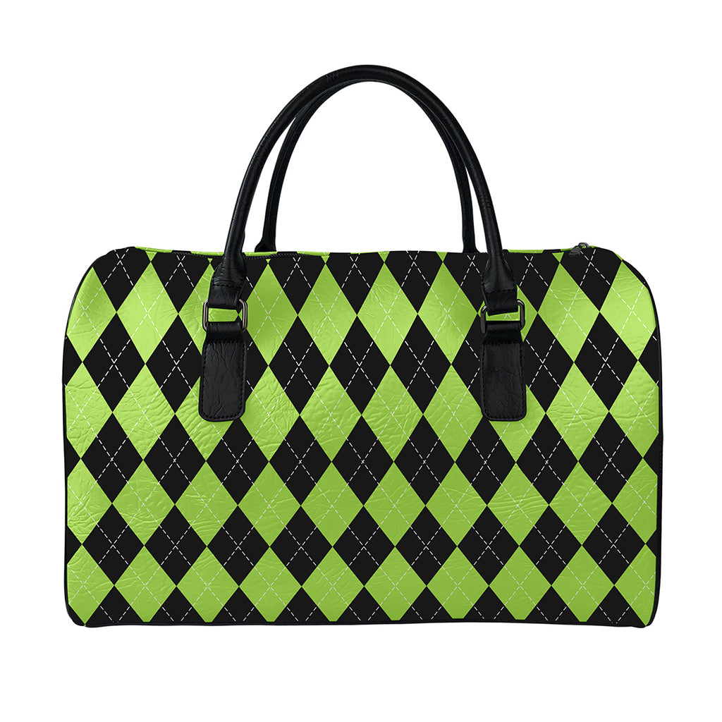 Black And Green Argyle Pattern Print Leather Duffle Bag