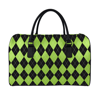 Black And Green Argyle Pattern Print Leather Duffle Bag