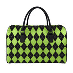 Black And Green Argyle Pattern Print Leather Duffle Bag