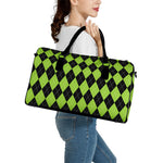 Black And Green Argyle Pattern Print Leather Duffle Bag
