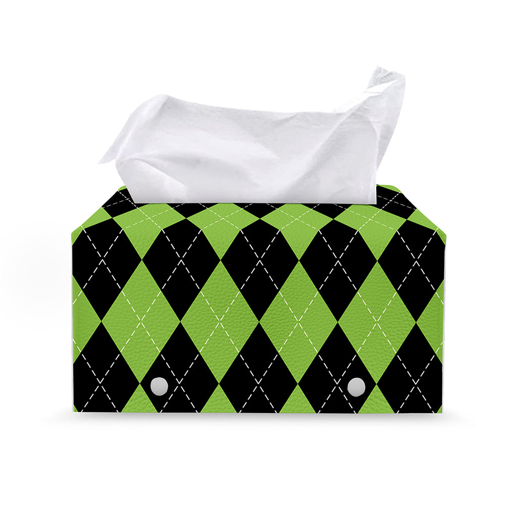 Black And Green Argyle Pattern Print Leather Tissue Box Cover