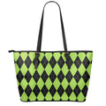 Black And Green Argyle Pattern Print Leather Tote Bag With Zipper