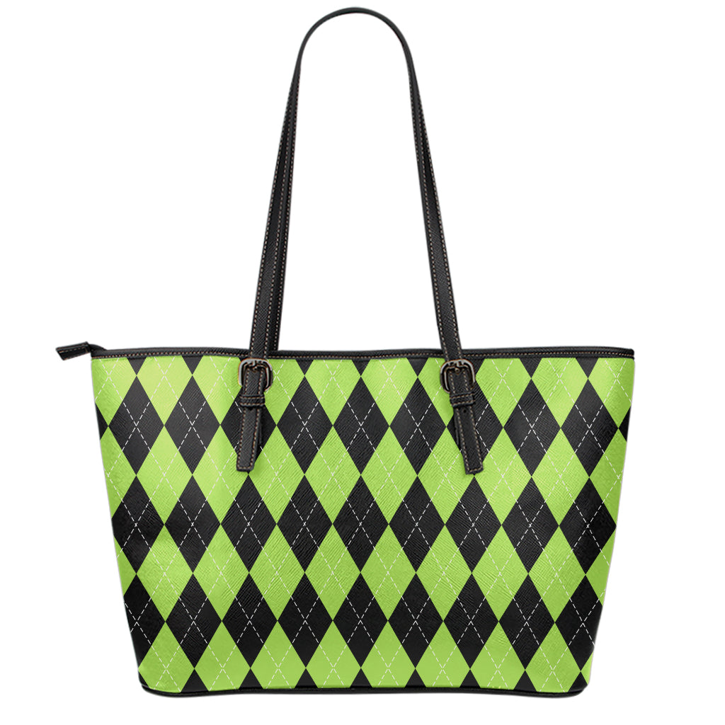 Black And Green Argyle Pattern Print Leather Tote Bag