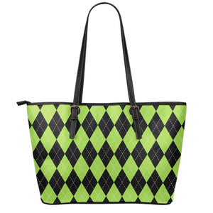 Black And Green Argyle Pattern Print Leather Tote Bag