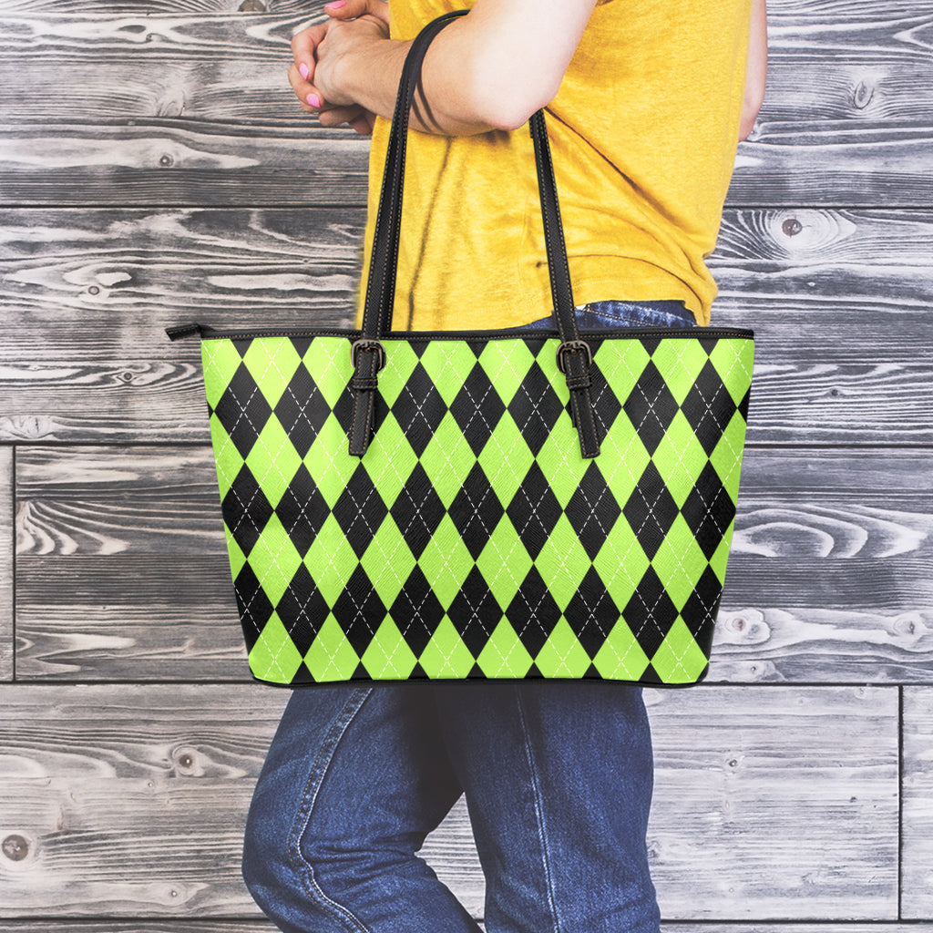 Black And Green Argyle Pattern Print Leather Tote Bag