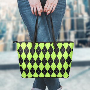 Black And Green Argyle Pattern Print Leather Tote Bag