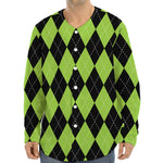 Black And Green Argyle Pattern Print Long Sleeve Baseball Jersey