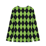 Black And Green Argyle Pattern Print Long Sleeve Short Coat