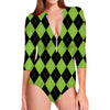 Black And Green Argyle Pattern Print Long Sleeve Swimsuit