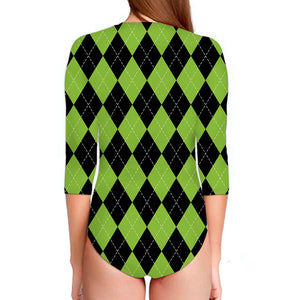 Black And Green Argyle Pattern Print Long Sleeve Swimsuit