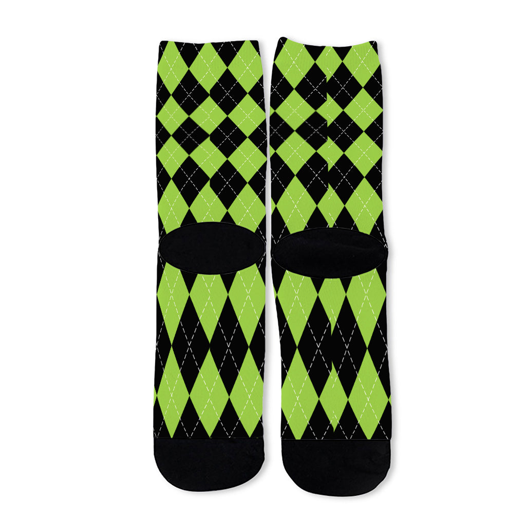 Black And Green Argyle Pattern Print Long Socks
