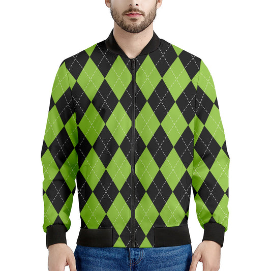 Black And Green Argyle Pattern Print Men's Bomber Jacket